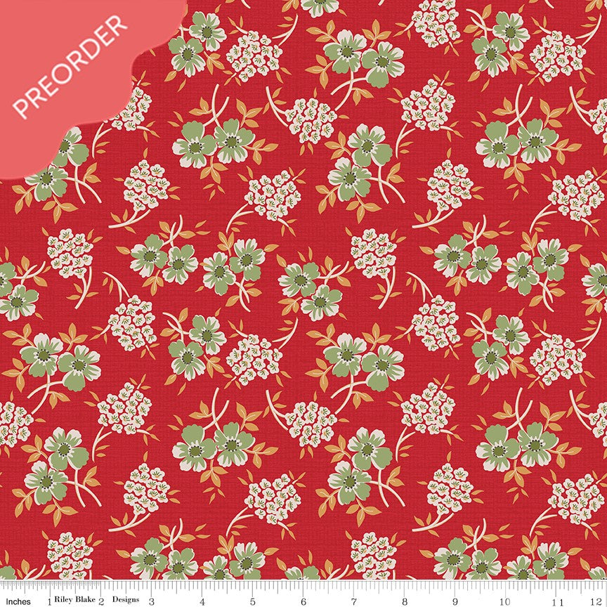 Lori Holt Hometown Holiday Floral Schoolhouse Red Fabric