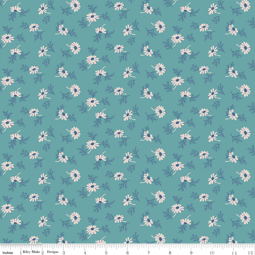 Lori Holt Hometown Holiday Pineflower Raindrop Blue Fabric