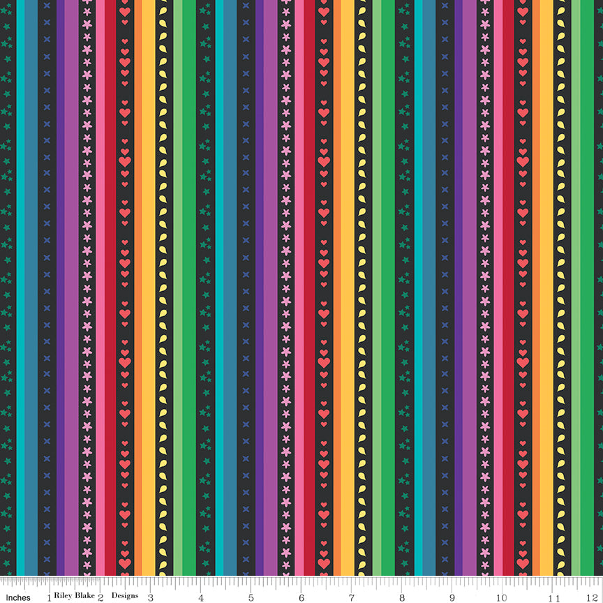 Kristy Lea Bloom Rainbow Stripe Black Fabric