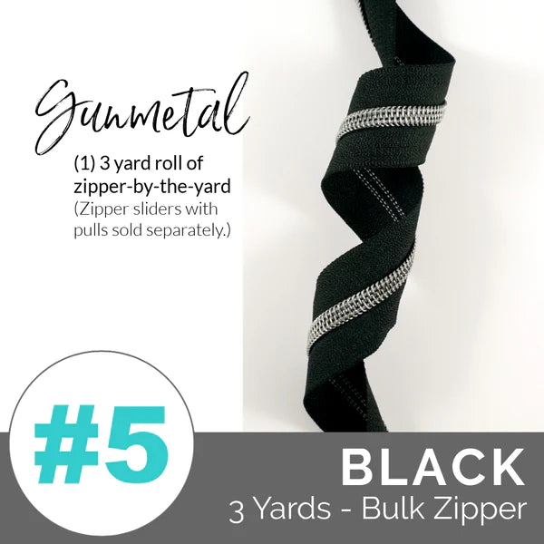 Emmaline Zipper Tape 3 Yards Black and Gunmetal Teeth Size #5 – Mashe  Modern Fabric and Quilting