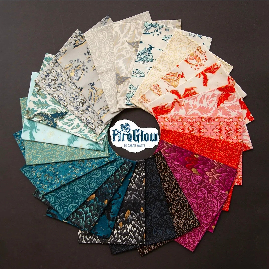 Collection of patterned fabric swatches arranged in a circular display with 'FireGlow' branding.