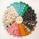 Collection of colorful fabric swatches arranged in a circular pattern on a white background.