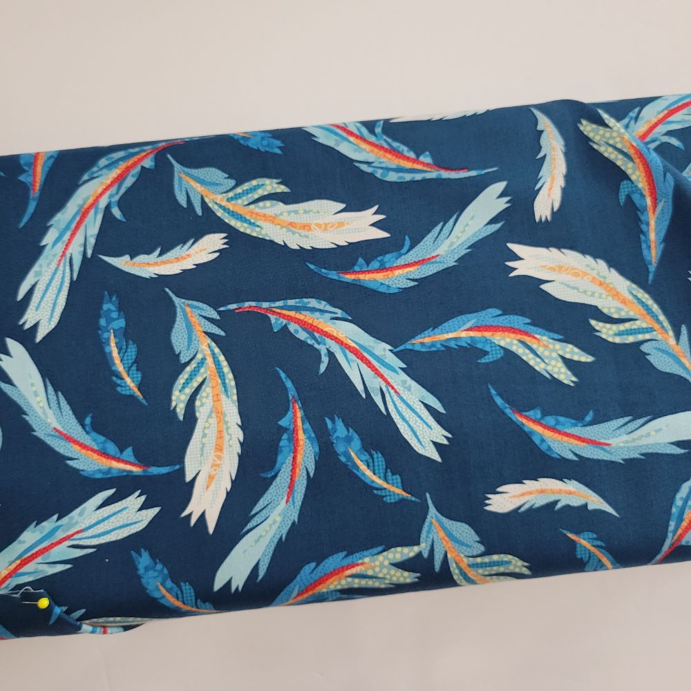 Timna Tarr Zooming Chickens Tossed Feathers Blue Fabric