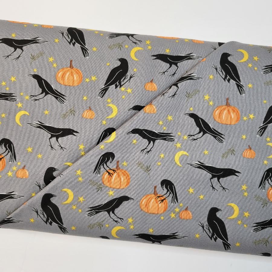 My Mind's Eye Sophisticated Halloween Vintage Crows Fog Gray Fabric