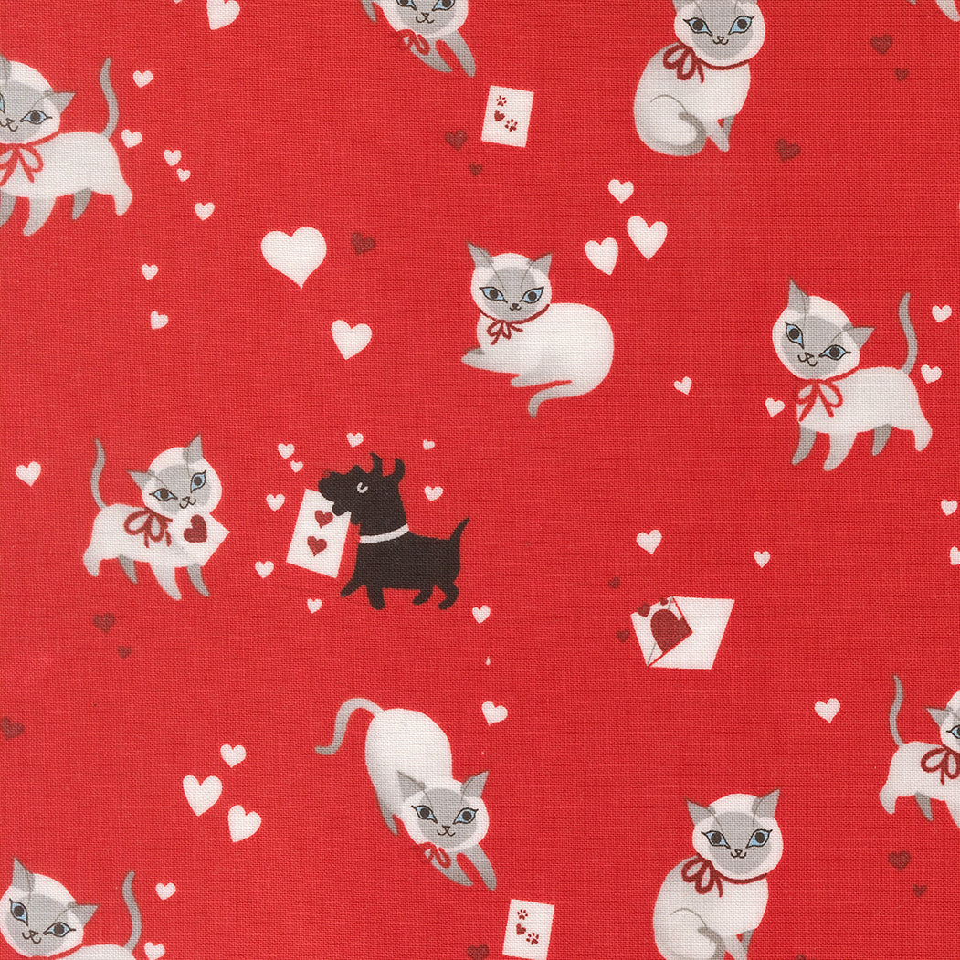 Pattern of cats and a dog on a red background with hearts