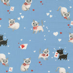 Pattern of cats, dogs, and hearts on a blue background