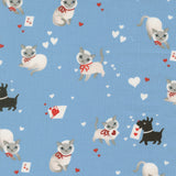 Pattern of cats, dogs, and hearts on a blue background