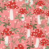 Pattern of red mushrooms with white spots on a pink background
