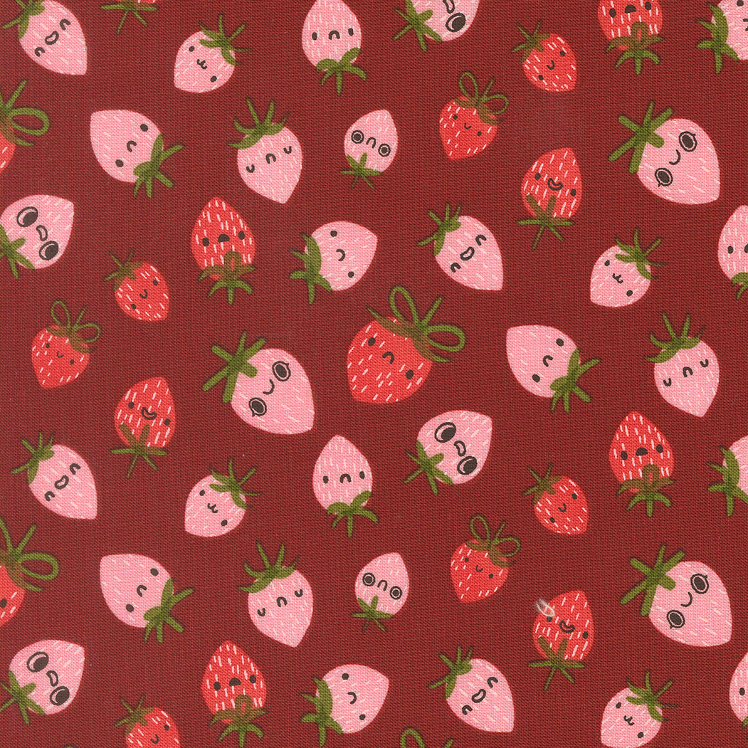 Pattern of cartoon strawberries with faces on a red background