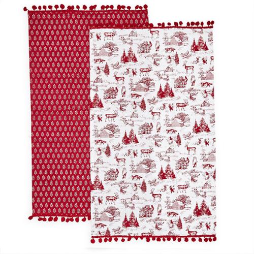 Dish Towel Set Winter Toile Red Set of 2 Towels
