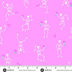 Pattern of dancing skeletons on a pink background with a ruler at the bottom for scale.
