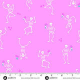 Pattern of dancing skeletons on a pink background with a ruler at the bottom for scale.