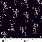 Pattern of dancing skeletons with flowers on a black background, featuring Andover Fabrics logo.