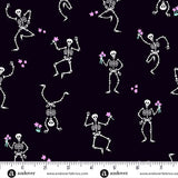 Pattern of dancing skeletons with flowers on a black background, featuring Andover Fabrics logo.