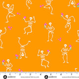 Pattern of dancing skeletons with flowers on an orange background, featuring Andover Fabrics branding.