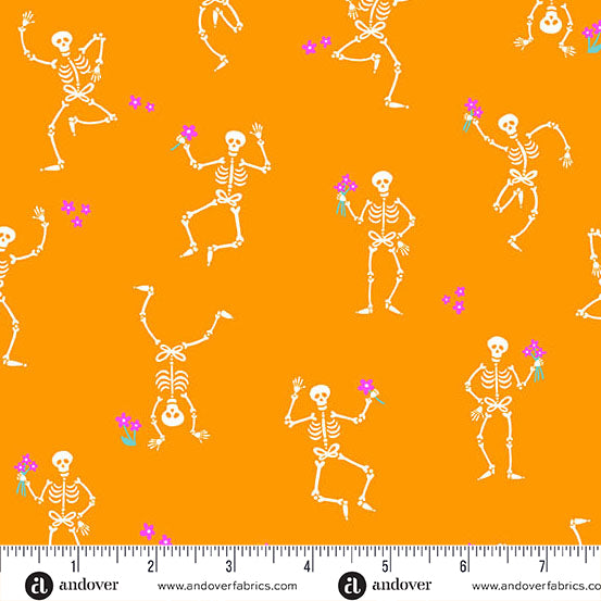 Pattern of dancing skeletons with flowers on an orange background, featuring Andover Fabrics branding.