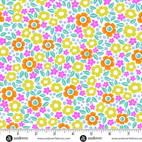 Colorful floral pattern with a ruler at the bottom for scale, on a white background.