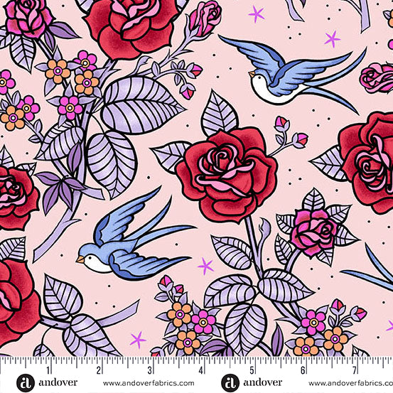Floral and bird pattern with a ruler at the bottom for scale, on a pink background.