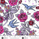 Floral and bird pattern with a ruler at the bottom for scale, on a white background.