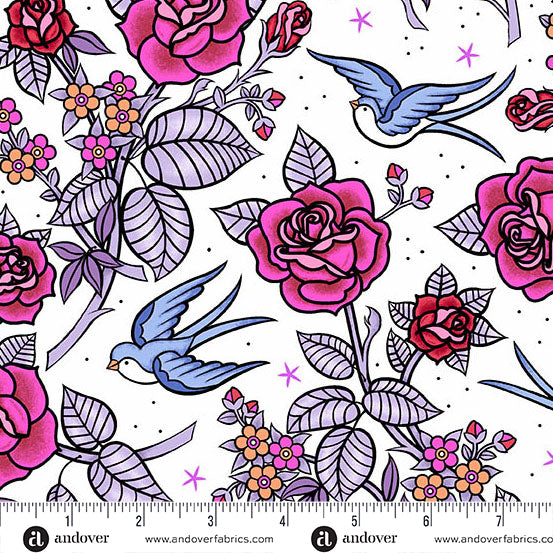 Floral and bird pattern with a ruler at the bottom for scale, on a white background.