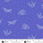 Pattern of white birds and pink stars on a blue background with a ruler for scale.