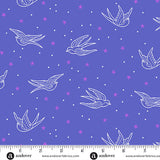 Pattern of white birds and pink stars on a blue background with a ruler for scale.