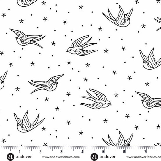 Pattern of black birds and stars on a white background with Andover Fabrics branding.