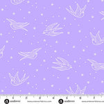 Pattern of white birds and stars on a purple background with a ruler at the bottom.