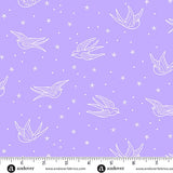 Pattern of white birds and stars on a purple background with a ruler at the bottom.