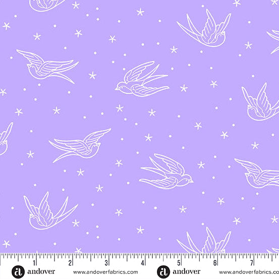 Pattern of white birds and stars on a purple background with a ruler at the bottom.