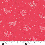 Fabric pattern with white birds and stars on a red background, featuring Andover Fabrics branding.