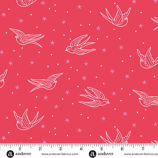 Fabric pattern with white birds and stars on a red background, featuring Andover Fabrics branding.
