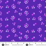 Pattern of colorful circles on a purple background with Andover Fabrics logo at the bottom.