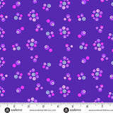 Pattern of colorful circles on a purple background with Andover Fabrics logo at the bottom.