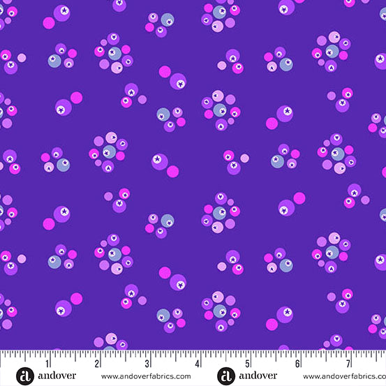 Pattern of colorful circles on a purple background with Andover Fabrics logo at the bottom.