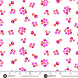 Pattern of colorful circles on a white background with Andover Fabrics logo.