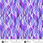 Geometric patterned fabric with a ruler at the bottom for scale, featuring shades of purple and pink.