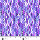 Geometric patterned fabric with a ruler at the bottom for scale, featuring shades of purple and pink.