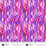 Geometric patterned fabric with a ruler at the bottom for scale, featuring shades of pink and purple.