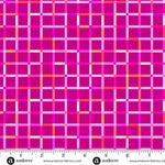 Plaid pattern fabric swatch with a ruler for scale, featuring pink and orange colors.