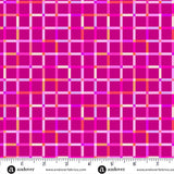 Plaid pattern fabric swatch with a ruler for scale, featuring pink and orange colors.