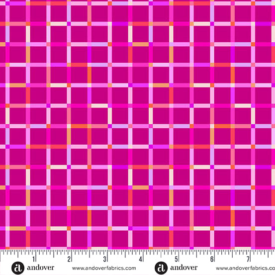 Plaid pattern fabric swatch with a ruler for scale, featuring pink and orange colors.