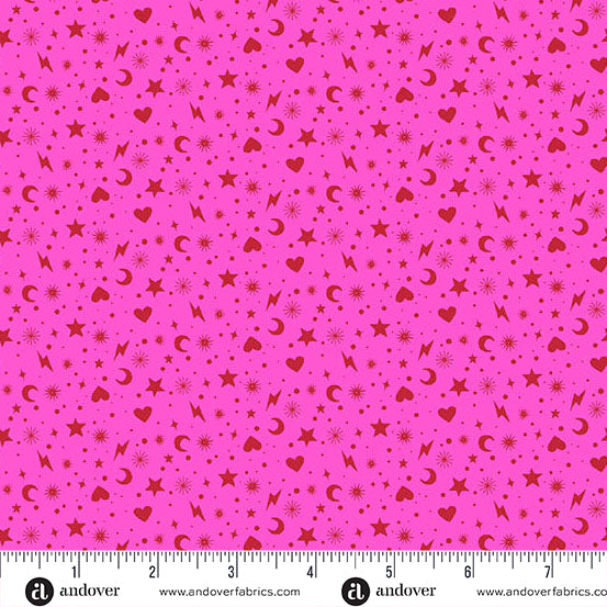 Pink fabric with red star, heart, and moon pattern, featuring Andover Fabrics logo.