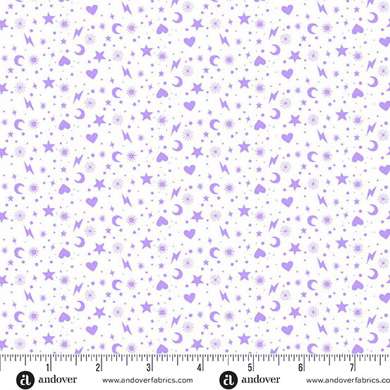 Pattern of stars, hearts, and moons in purple on a white background with a ruler at the bottom.