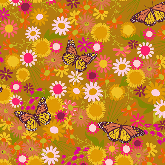 Alison Glass Wildflower Monarchs and Flowers Yarrow Yellow Fabric