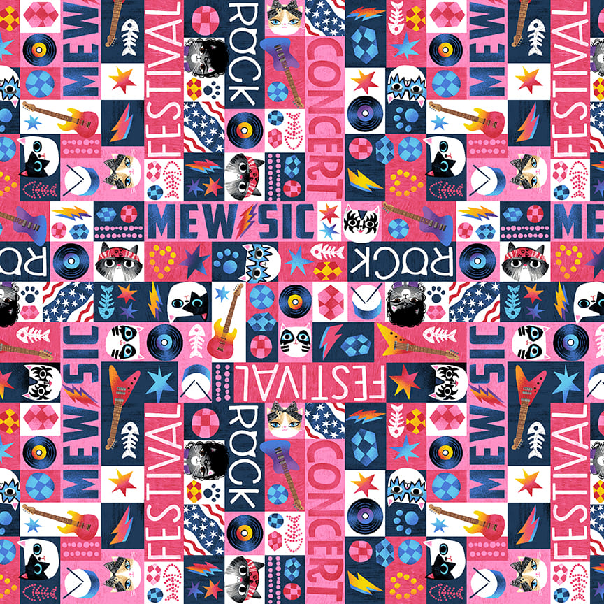 Angie Rozelaar Mew-sic Legends Pink Music Collage Fabric