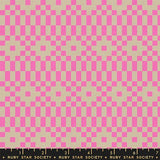 Checkered pattern with pink and beige squares on a fabric swatch.