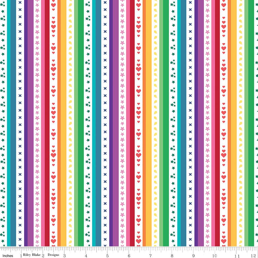 Kristy Lea Bloom Rainbow Stripe White Fabric