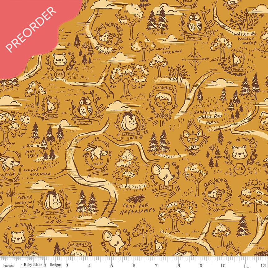 Jill Howarth 100 Aker Woods Map Gold Fabric
