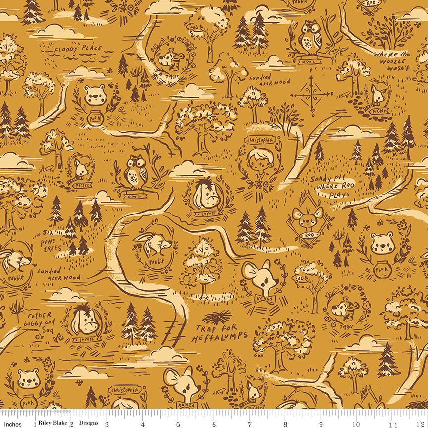 Jill Howarth 100 Aker Woods Map Gold Fabric
